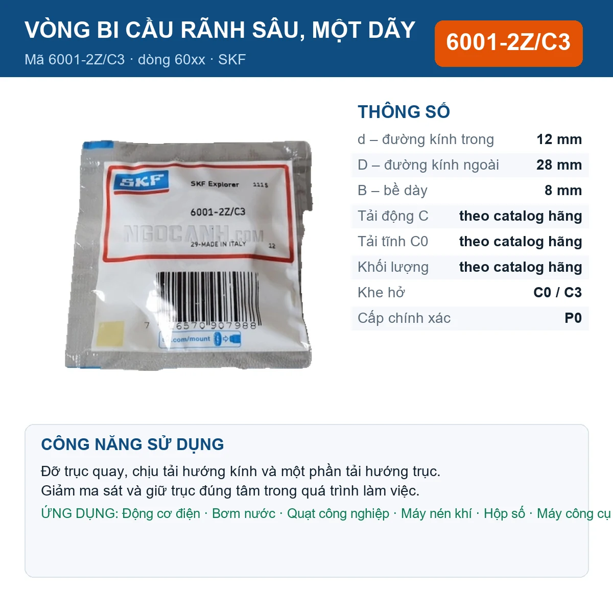 Vòng bi SKF 6001-2Z/C3 — kích thước 12x28x8mm