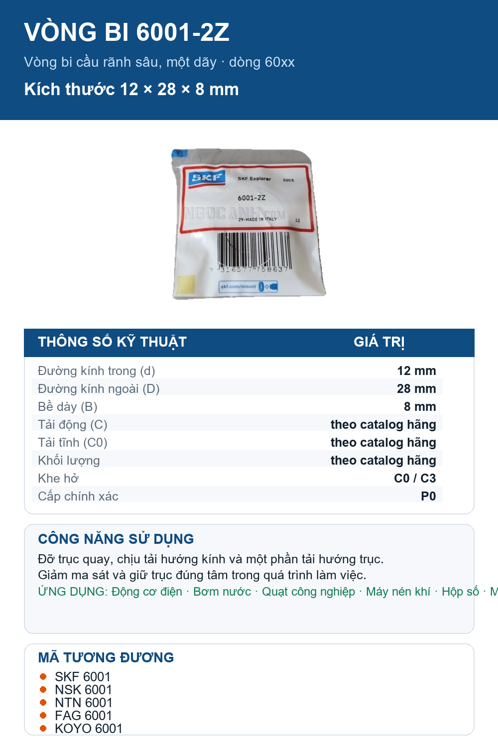 Vòng bi SKF 6001-2Z 12x28x8mm — Ảnh thông số (Pinterest)