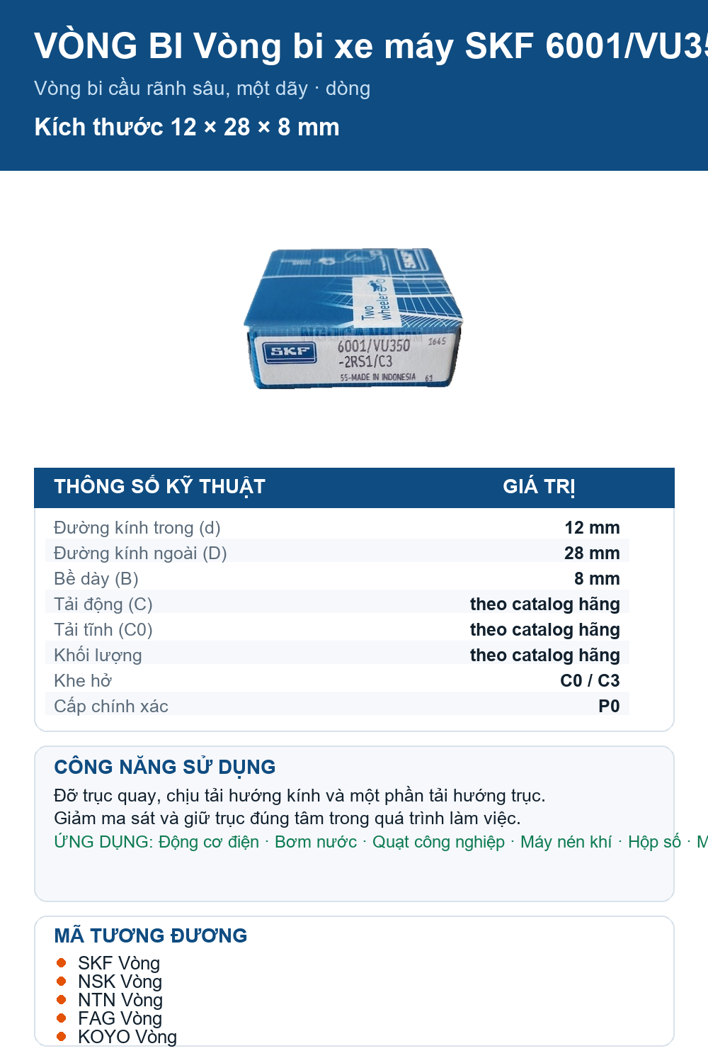 Vòng bi SKF 6001/VU350-2RS1/C3 12x28x8mm — Ảnh thông số (Pinterest)