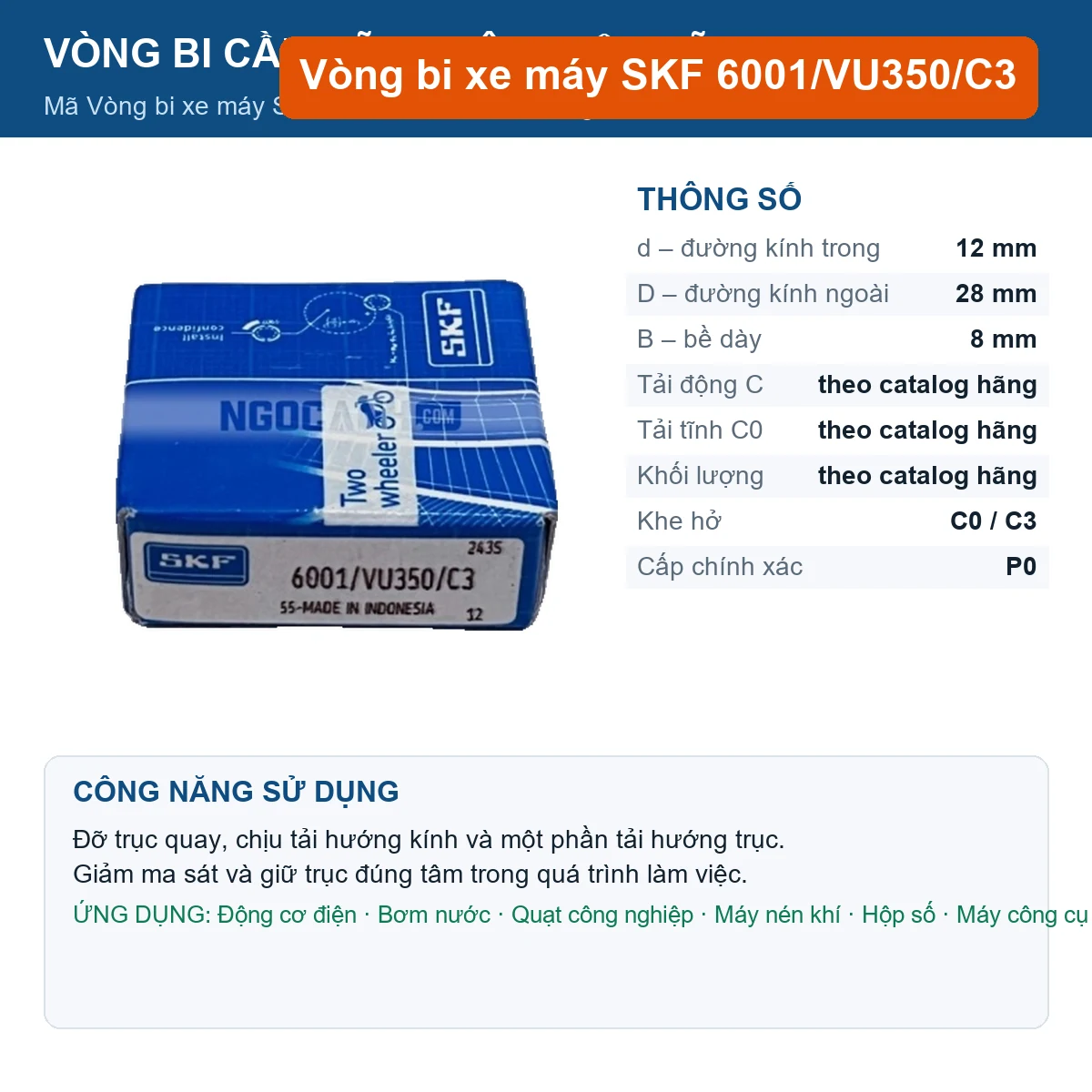 Vòng bi SKF 6001/VU350/C3 — kích thước 12x28x8mm