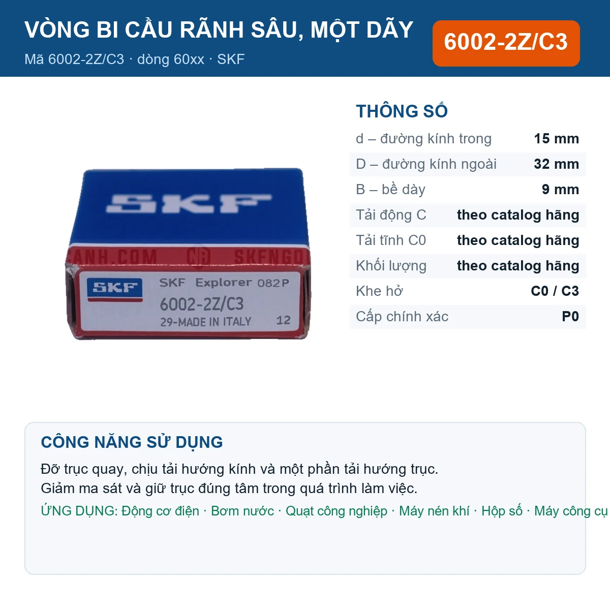 Vòng bi SKF 6002-2Z/C3 — kích thước 15x32x9mm