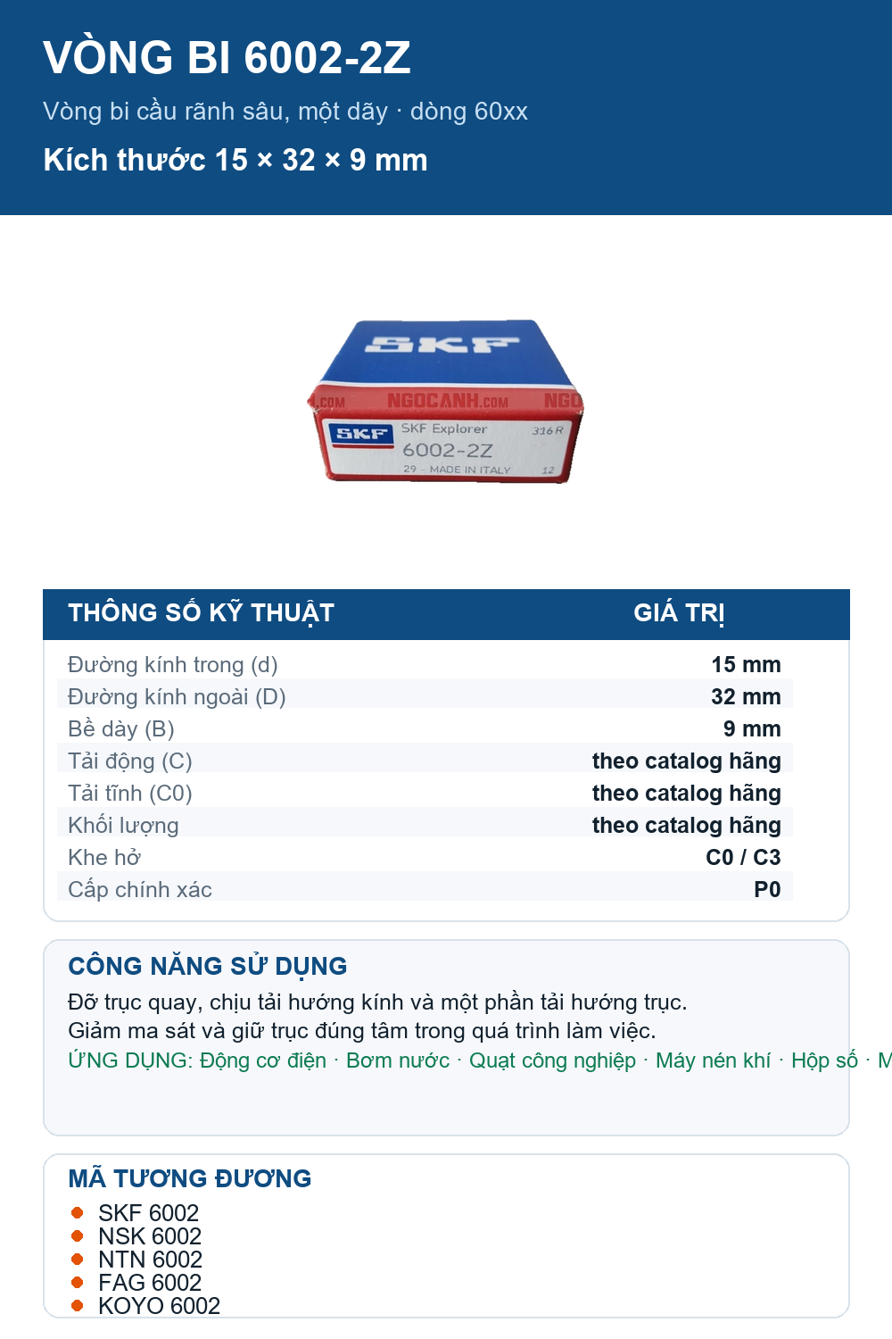 Vòng bi SKF 6002-2Z 15x32x9mm — Ảnh thông số (Pinterest)