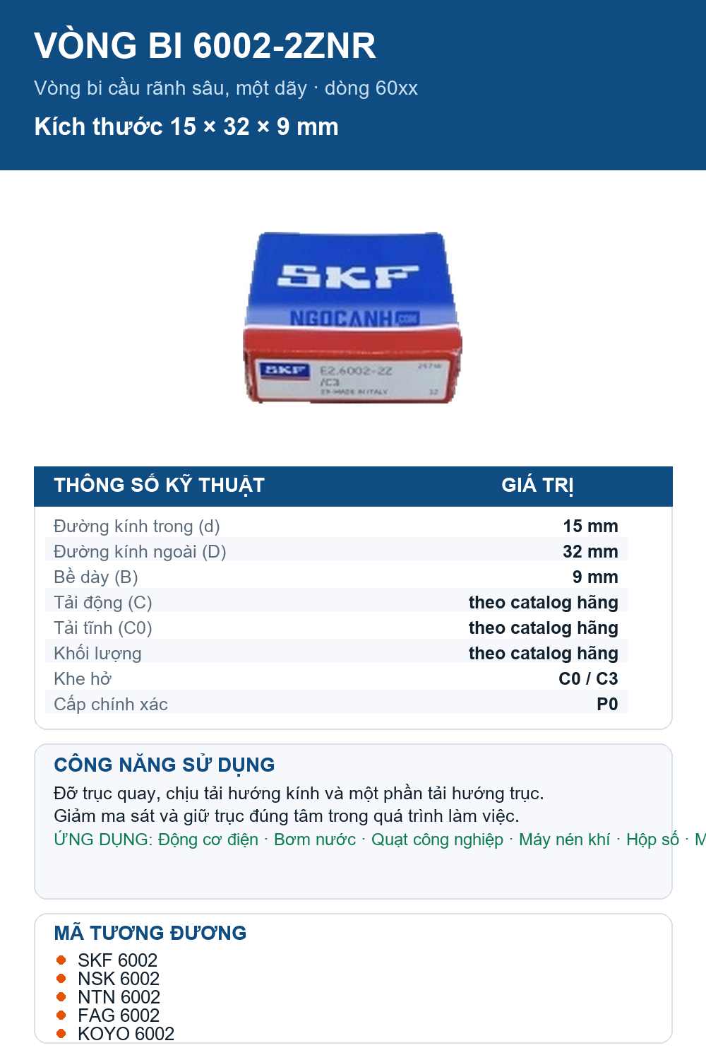 Vòng bi SKF 6002-2ZNR 15x32x9mm — Ảnh thông số (Pinterest)