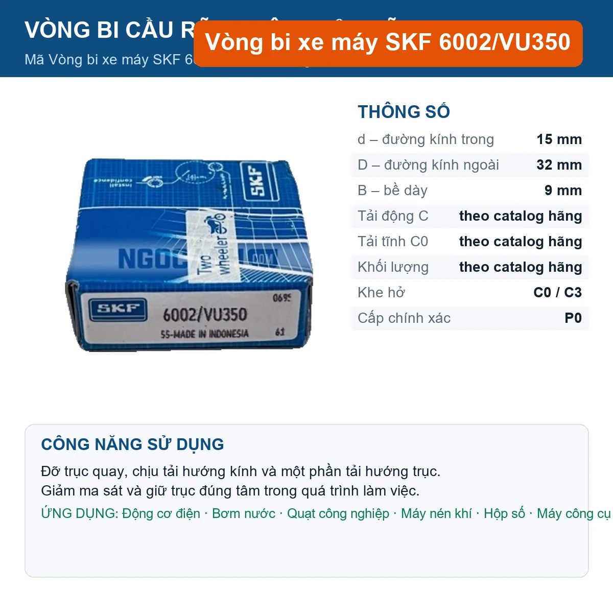 Vòng bi SKF 6002/VU350 — kích thước 15x32x9mm