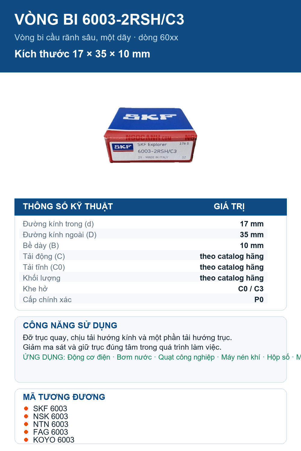 Vòng bi SKF 6003-2RSH/C3 17x35x10mm — Ảnh thông số (Pinterest)