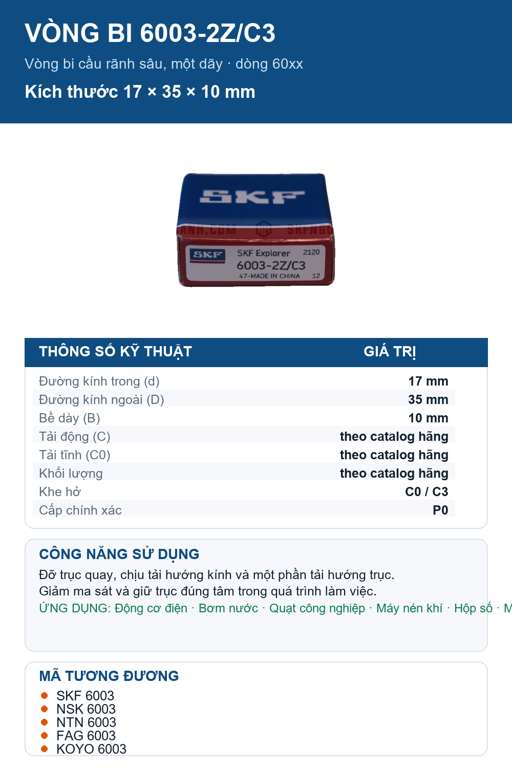 Vòng bi SKF 6003-2Z/C3 17x35x10mm — Ảnh thông số (Pinterest)