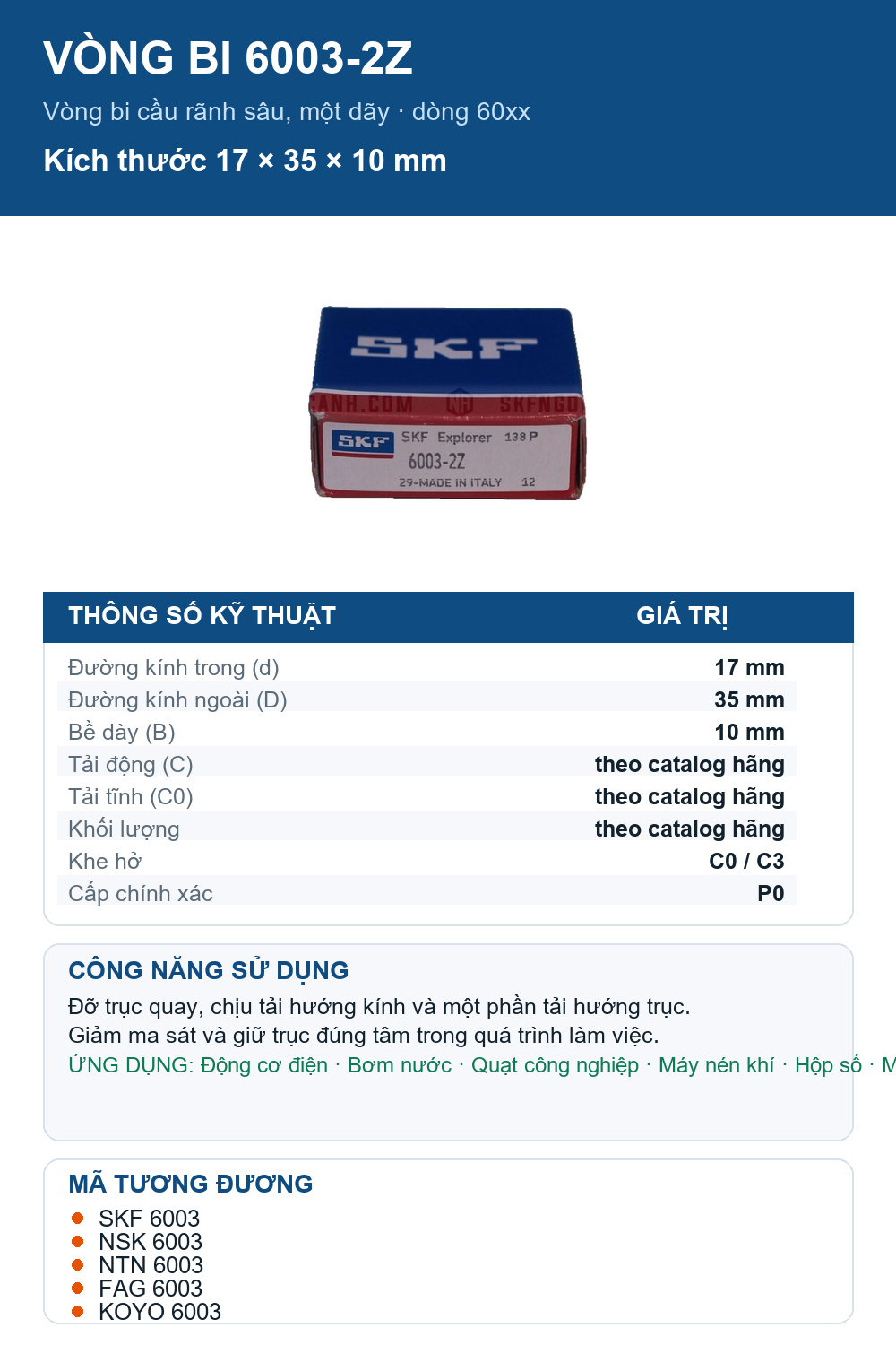 Vòng bi SKF 6003-2Z 17x35x10mm — Ảnh thông số (Pinterest)