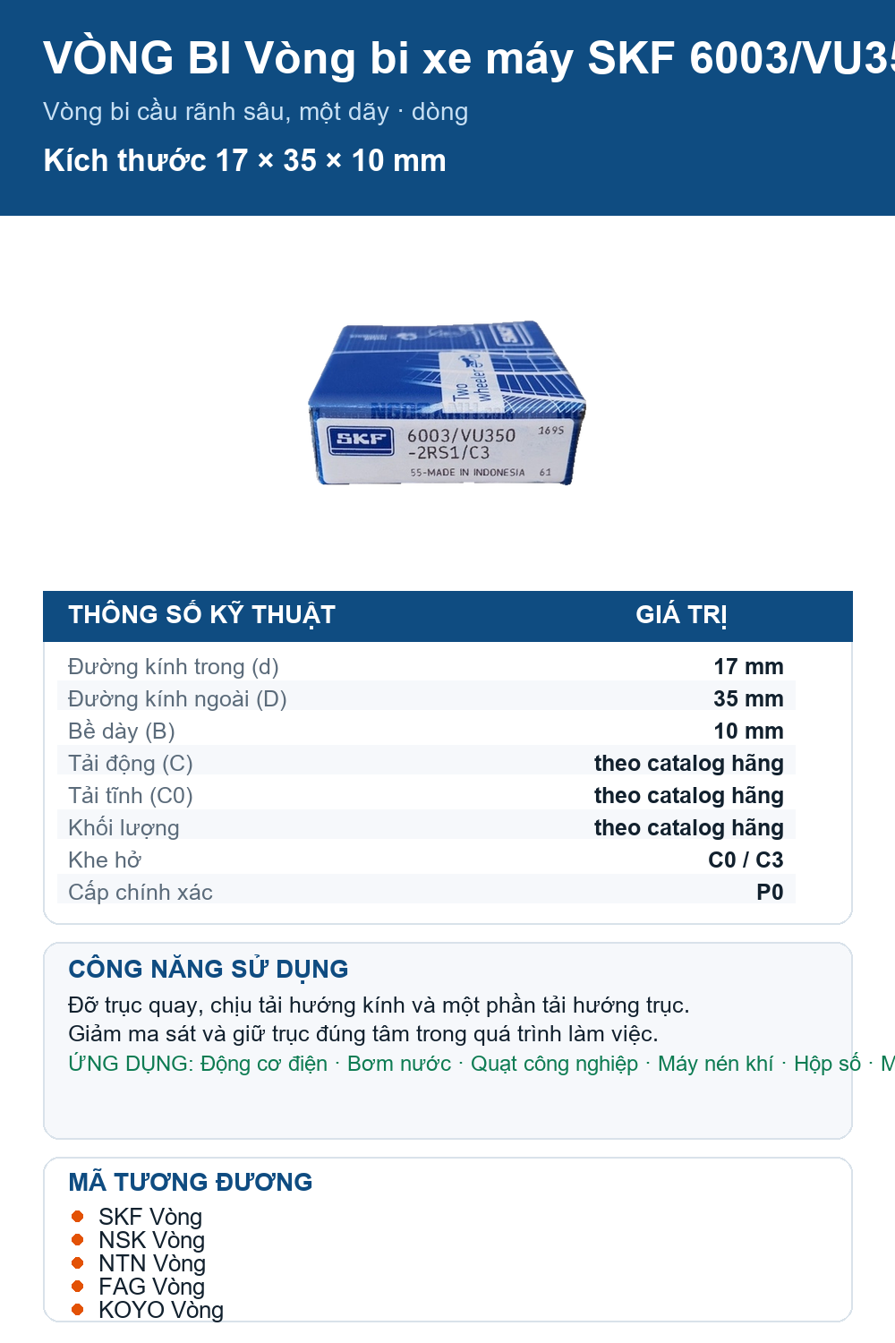 Vòng bi SKF 6003/VU350-2RS1/C3 17x35x10mm — Ảnh thông số (Pinterest)
