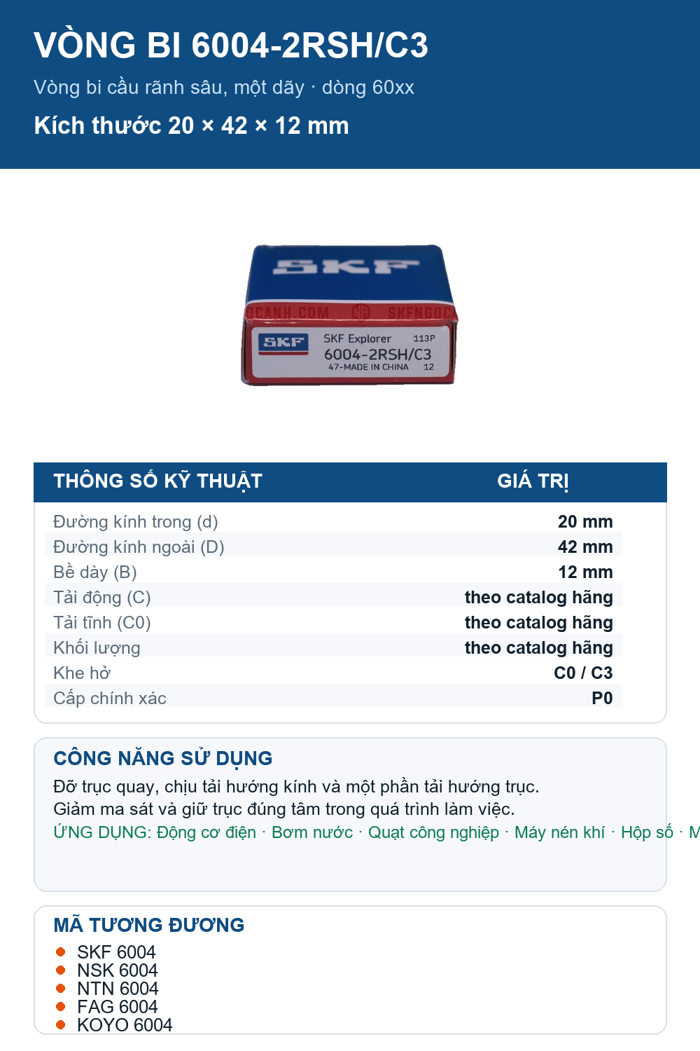 Vòng bi SKF 6004-2RSH/C3 20x42x12mm — Ảnh thông số (Pinterest)