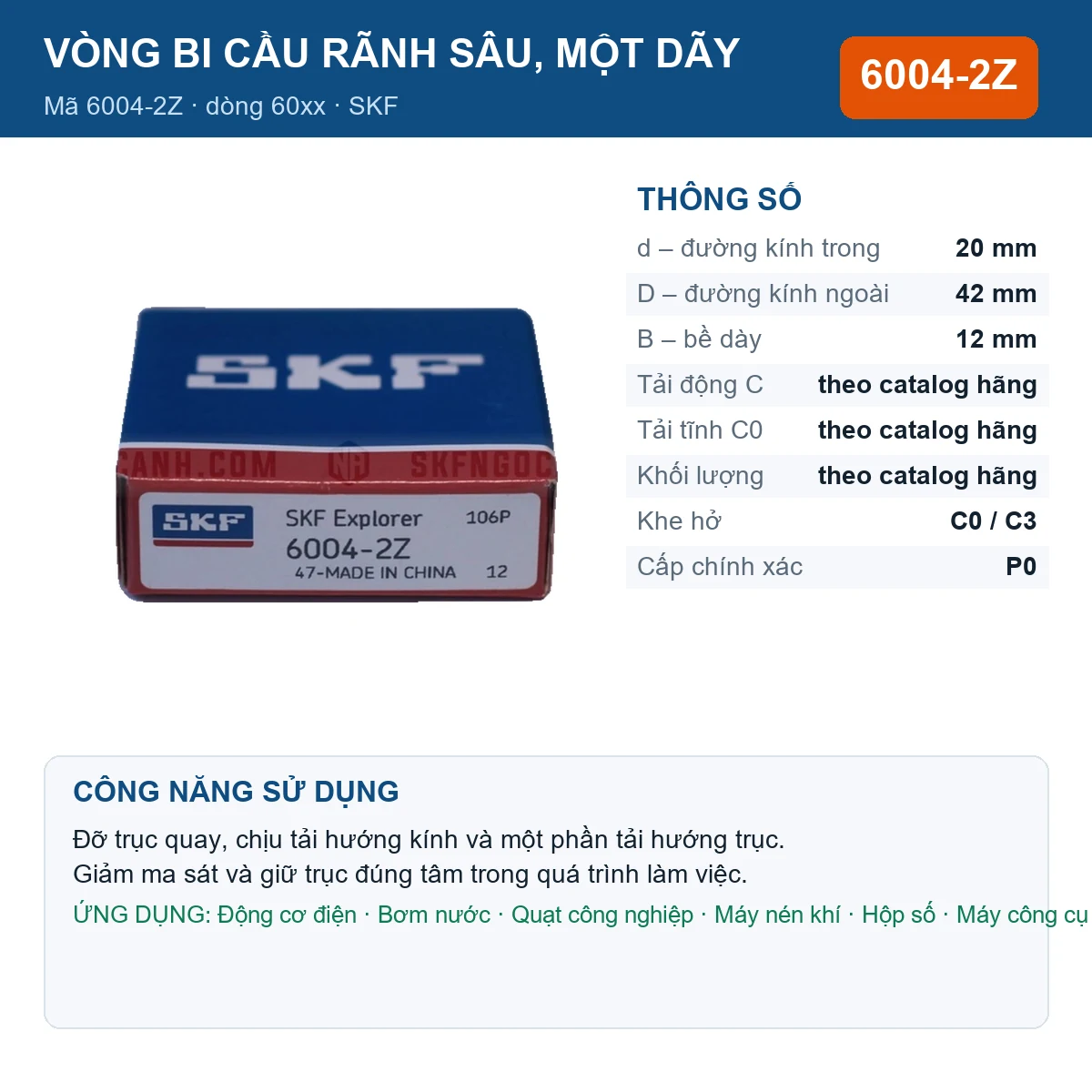 Vòng bi SKF 6004-2Z — kích thước 20x42x12mm