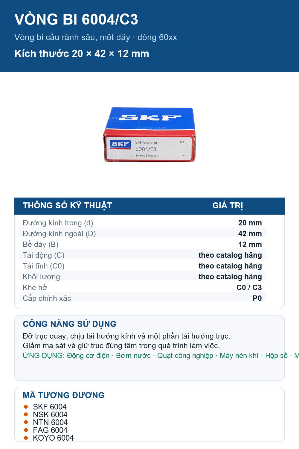 Vòng bi SKF 6004/C3 20x42x12mm — Ảnh thông số (Pinterest)