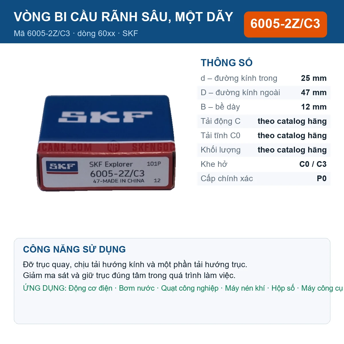 Vòng bi SKF 6005-2Z/C3 — kích thước 25x47x12mm