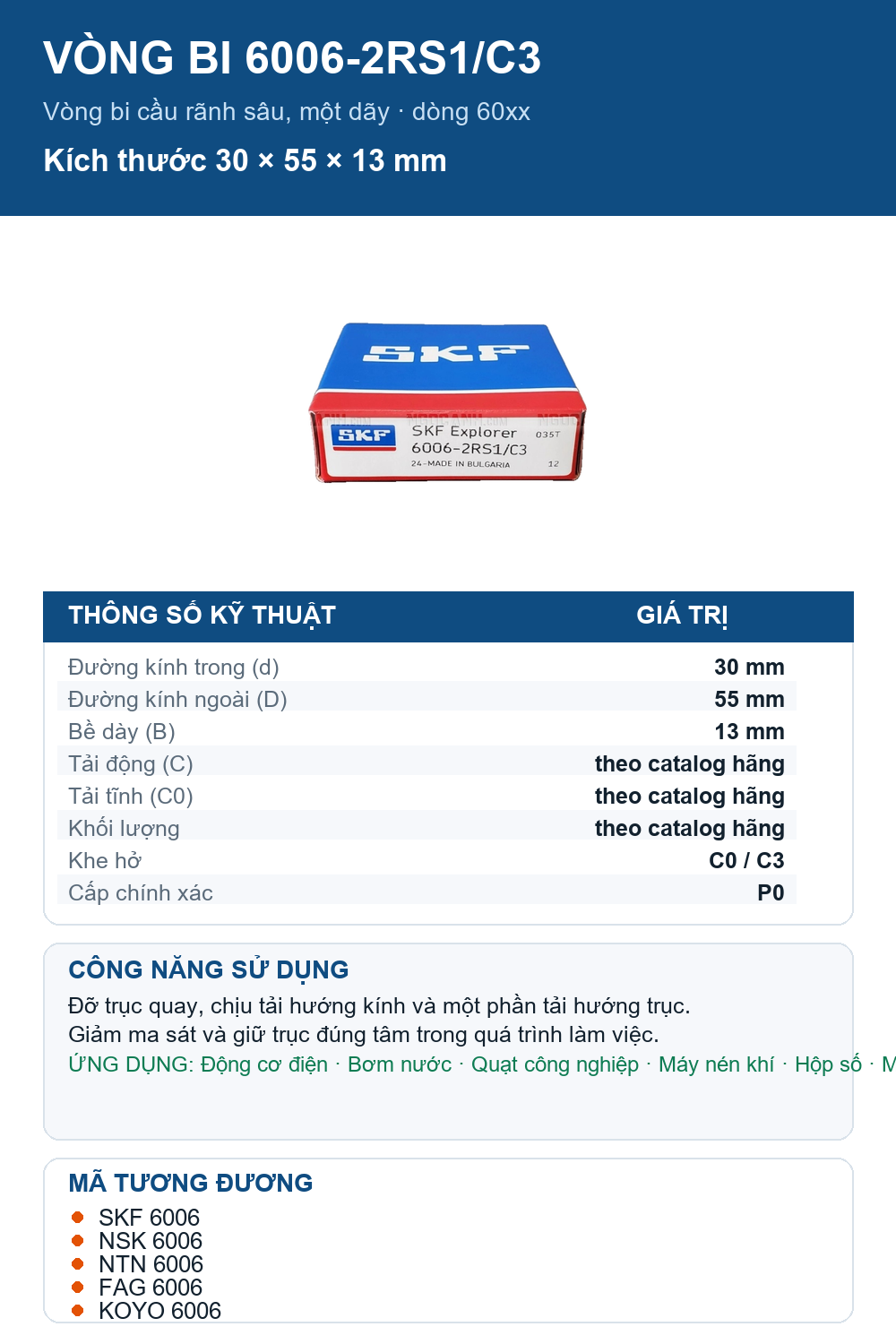 Vòng bi SKF 6006-2RS1/C3 30x55x13mm — Ảnh thông số (Pinterest)
