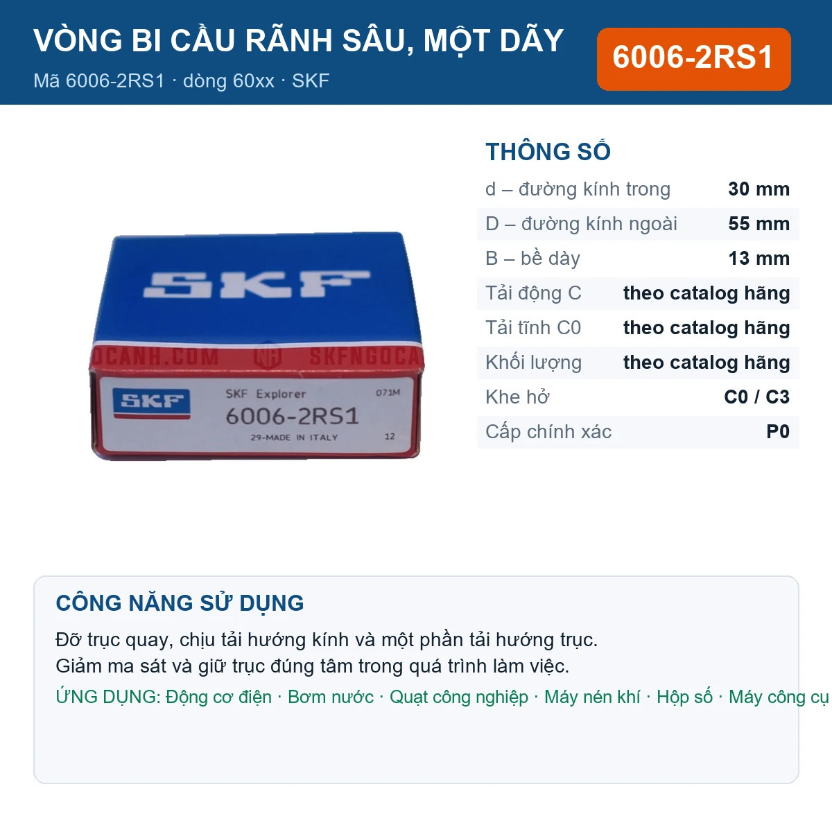 Vòng bi SKF 6006-2RS1 — kích thước 30x55x13mm