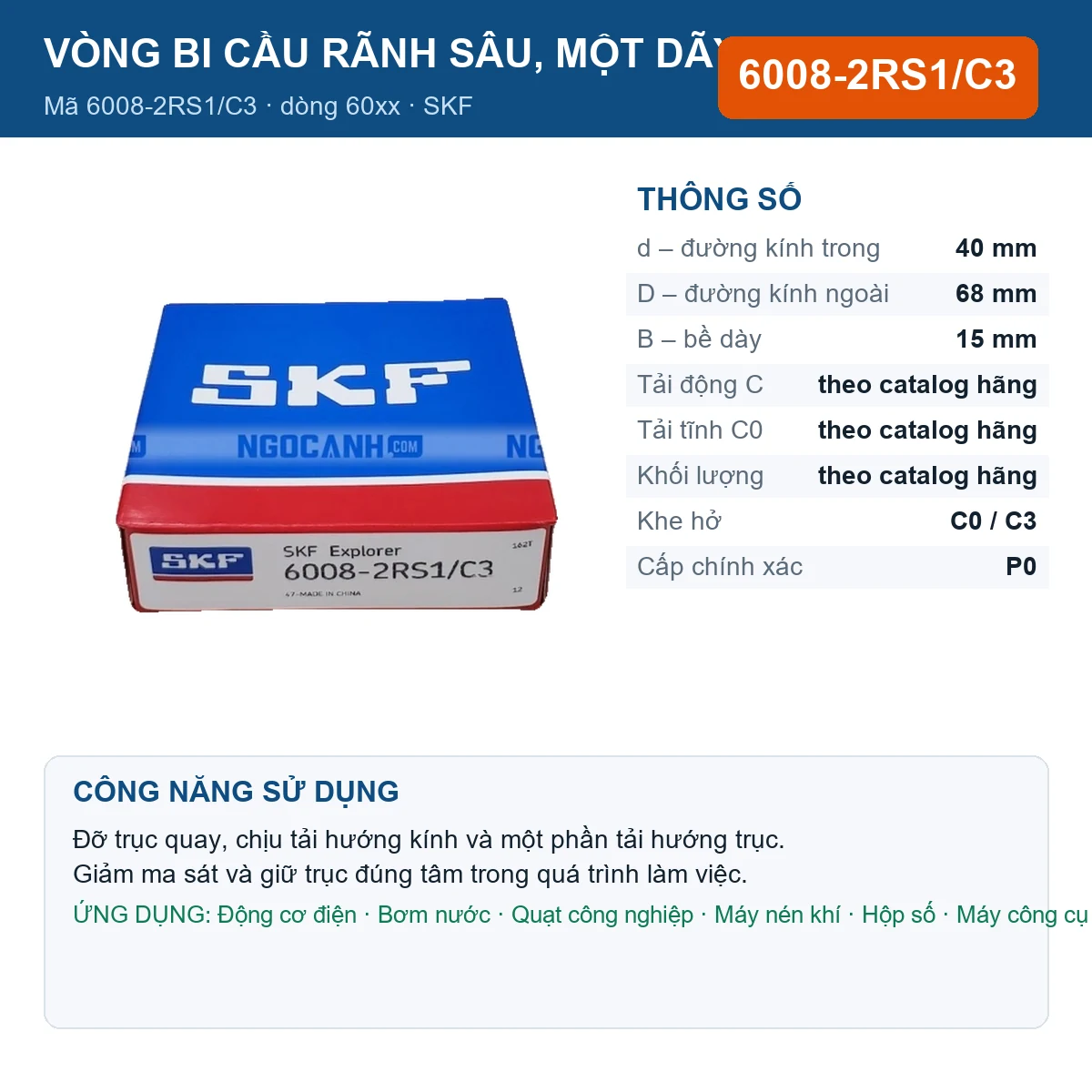 Vòng bi SKF 6008-2RS1/C3 — kích thước 40x68x15mm