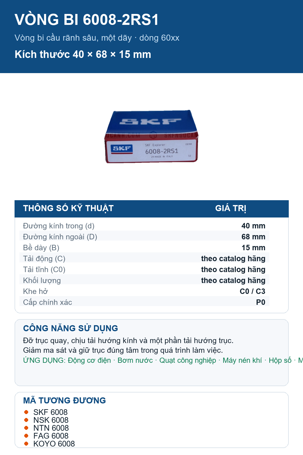 Vòng bi SKF 6008-2RS1 40x68x15mm — Ảnh thông số (Pinterest)