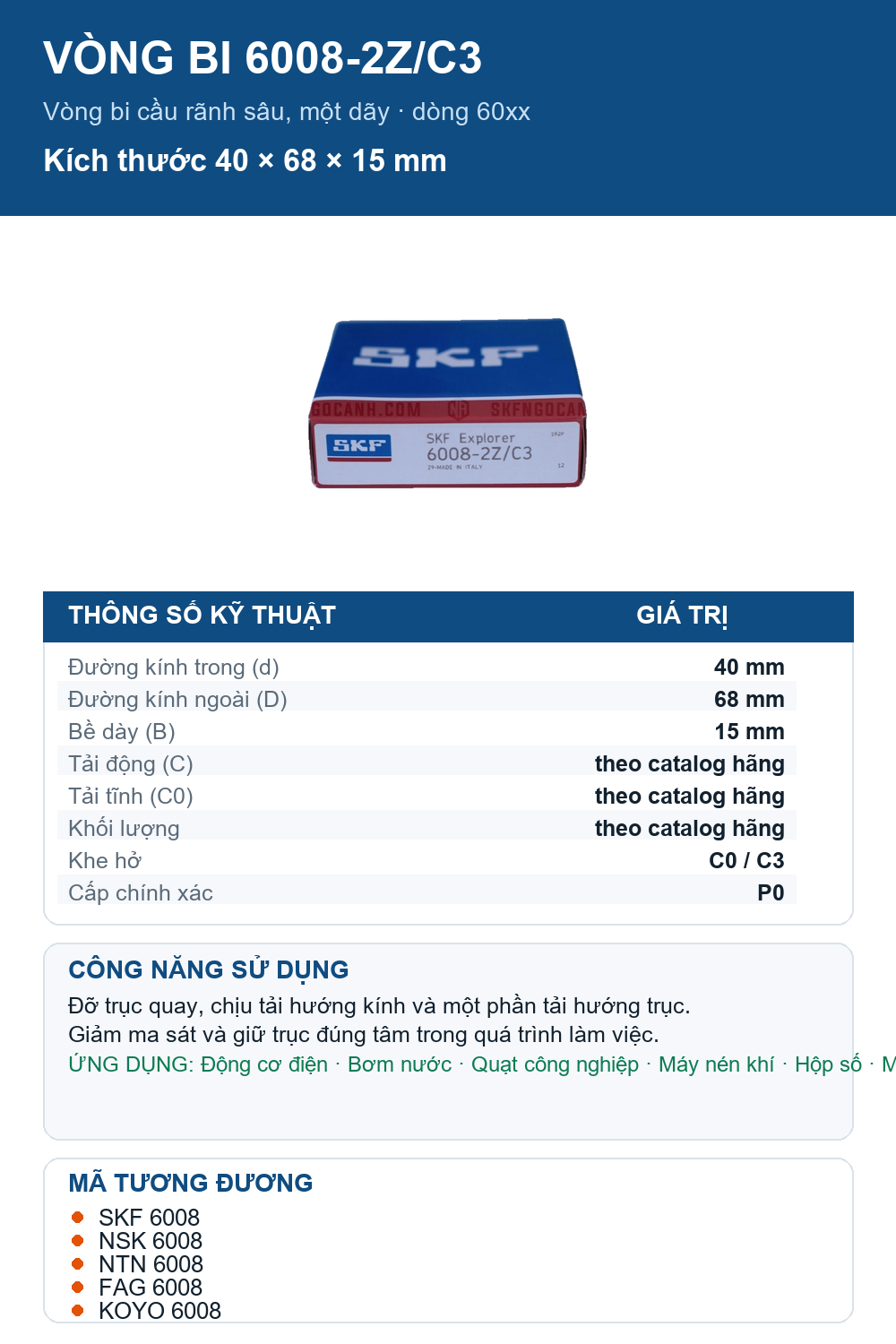 Vòng bi SKF 6008-2Z/C3 40x68x15mm — Ảnh thông số (Pinterest)