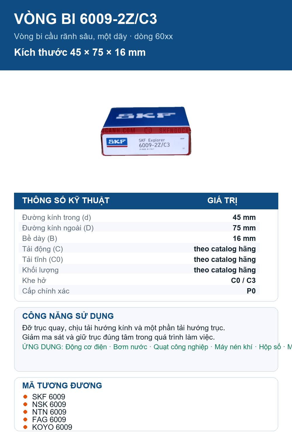 Vòng bi SKF 6009-2Z/C3 45x75x16mm — Ảnh thông số (Pinterest)