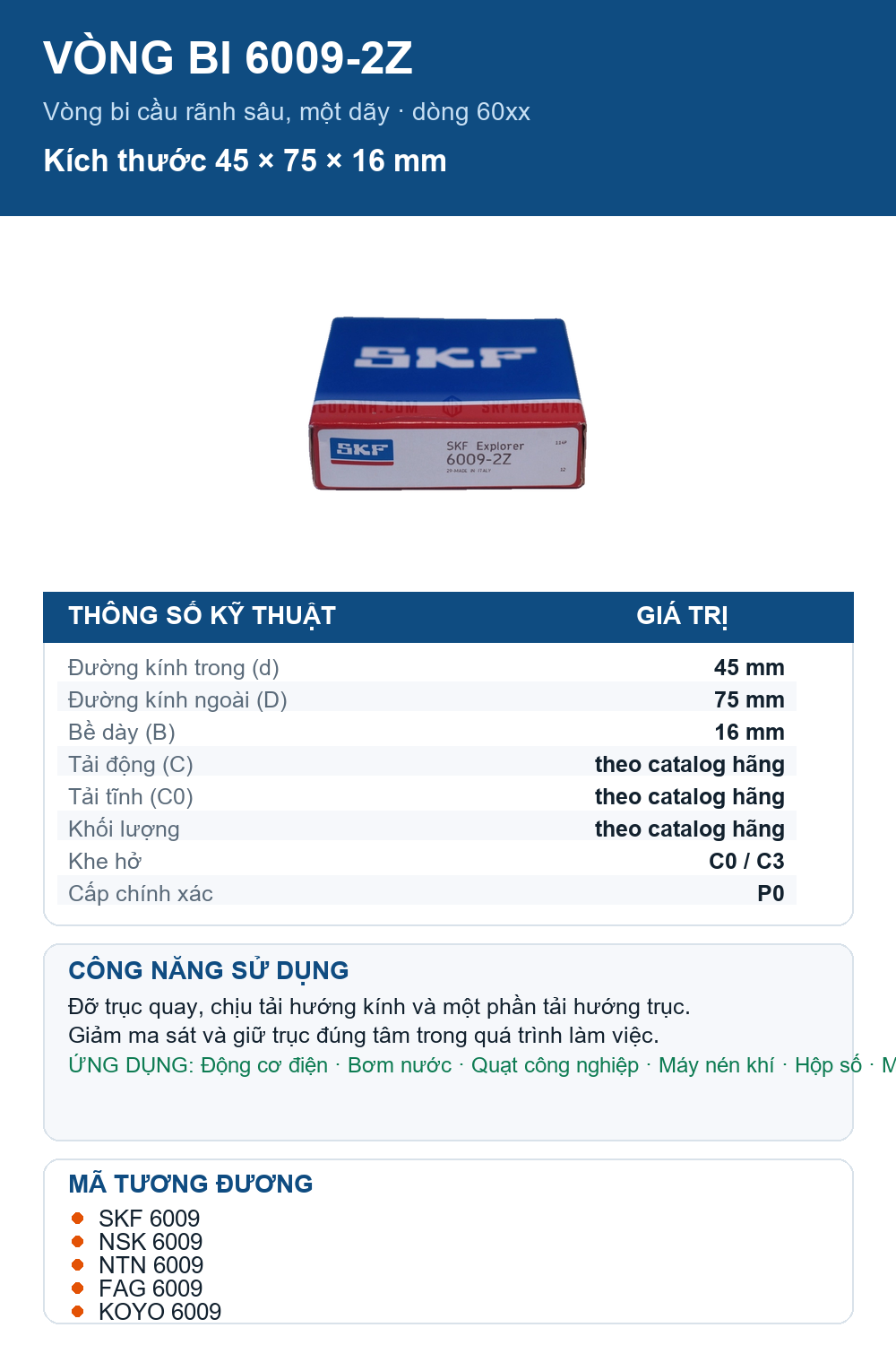Vòng bi SKF 6009-2Z 45x75x16mm — Ảnh thông số (Pinterest)