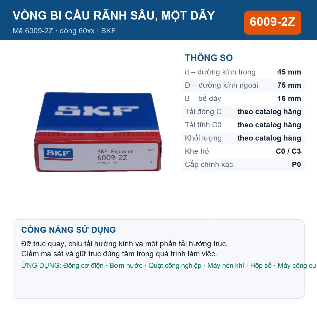 Vòng bi SKF 6009-2Z — kích thước 45x75x16mm