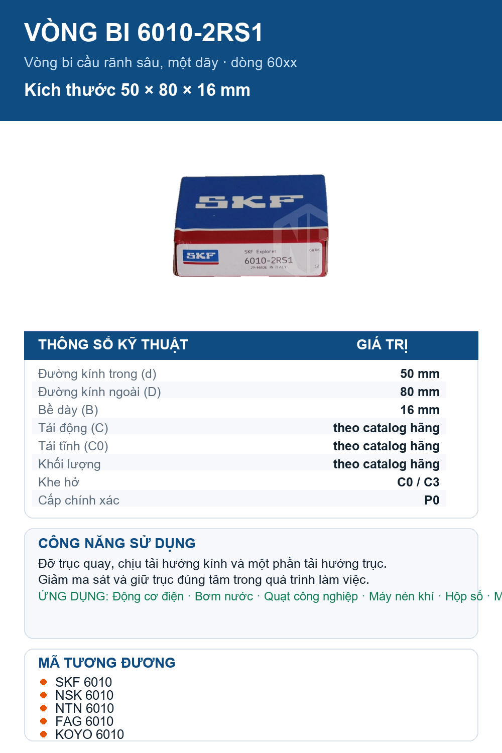 Vòng bi SKF 6010-2RS1 50x80x16mm — Ảnh thông số (Pinterest)