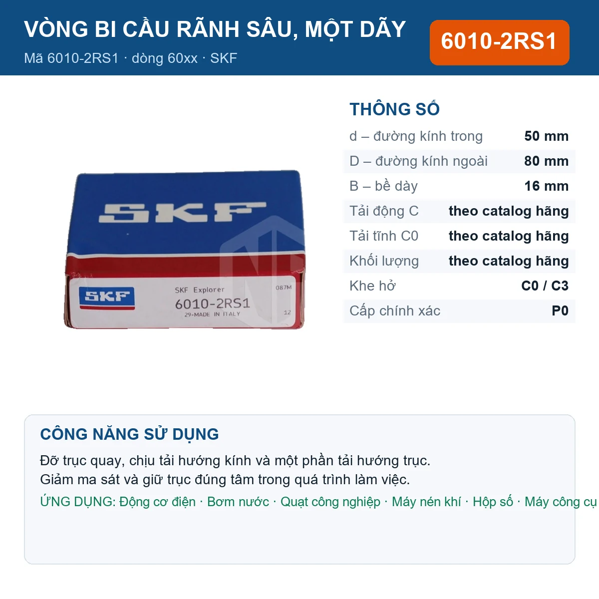 Vòng bi SKF 6010-2RS1 — kích thước 50x80x16mm
