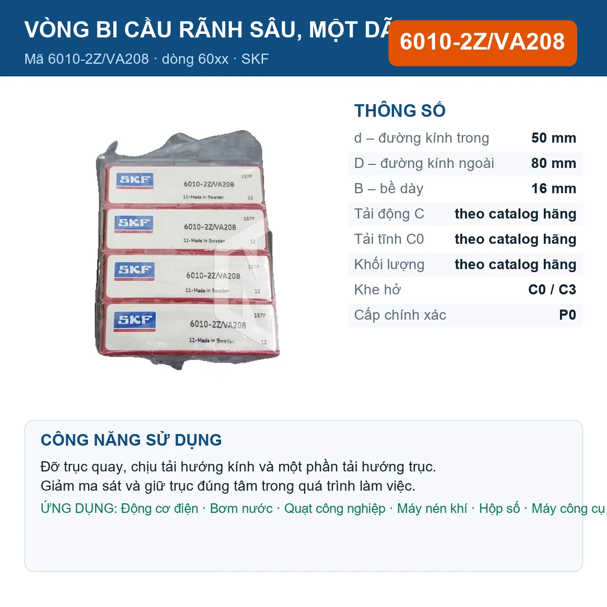 Vòng bi SKF 6010-2Z/VA208 — kích thước 50x80x16mm