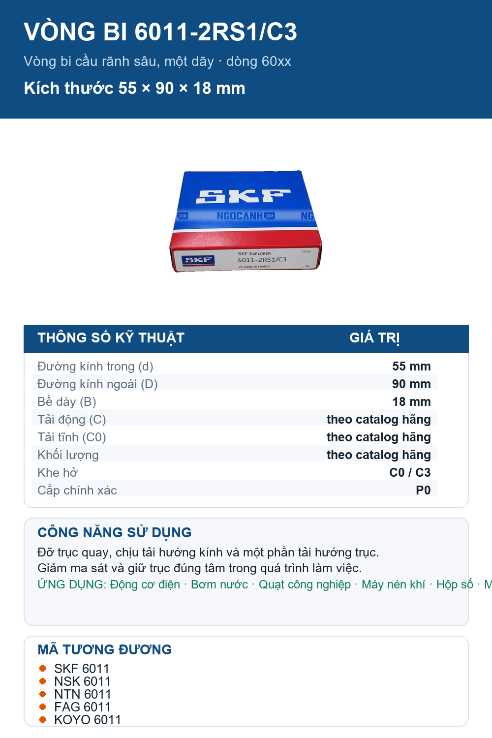 Vòng bi SKF 6011-2RS1/C3 55x90x18mm — Ảnh thông số (Pinterest)