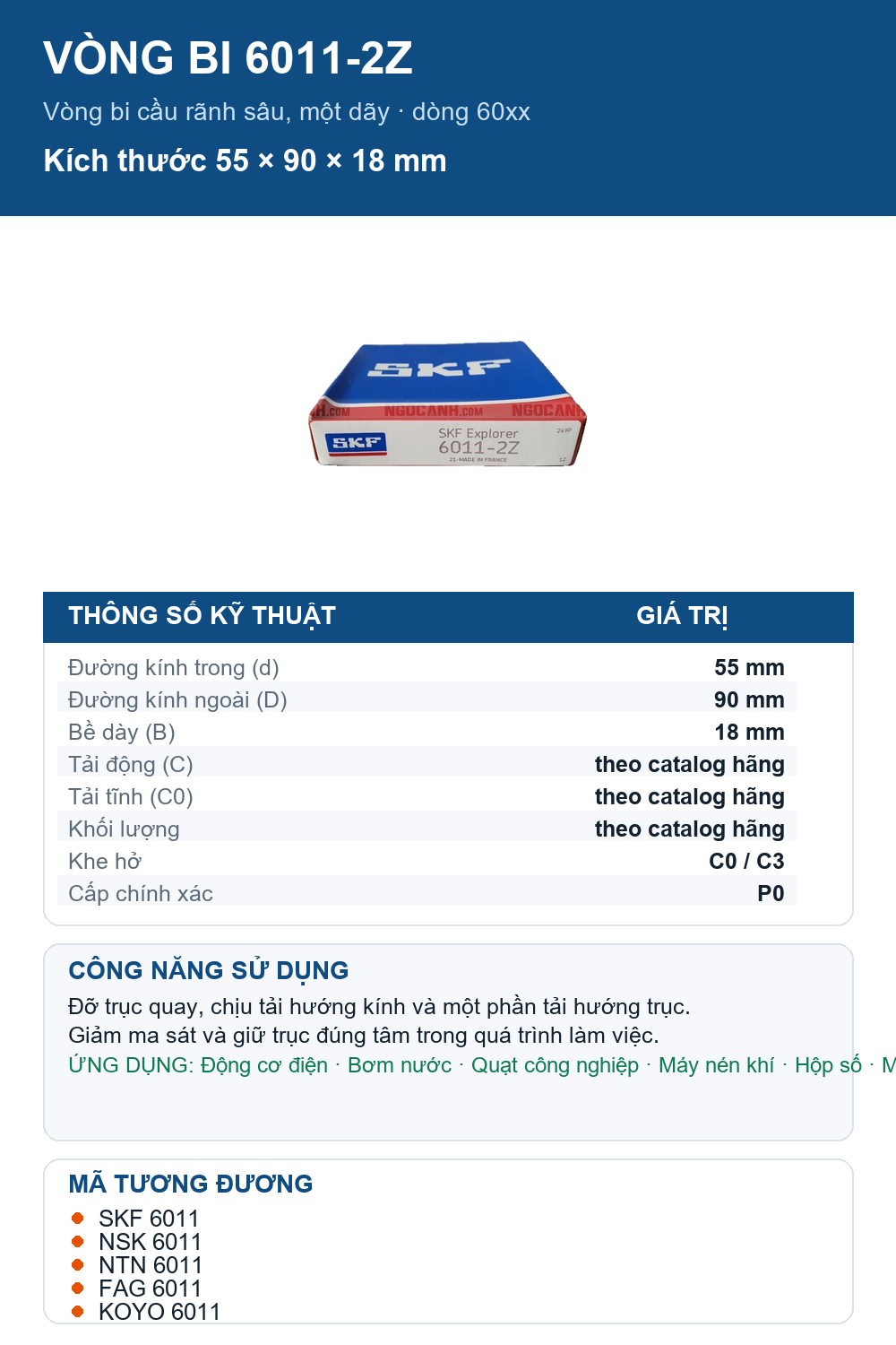 Vòng bi SKF 6011-2Z 55x90x18mm — Ảnh thông số (Pinterest)