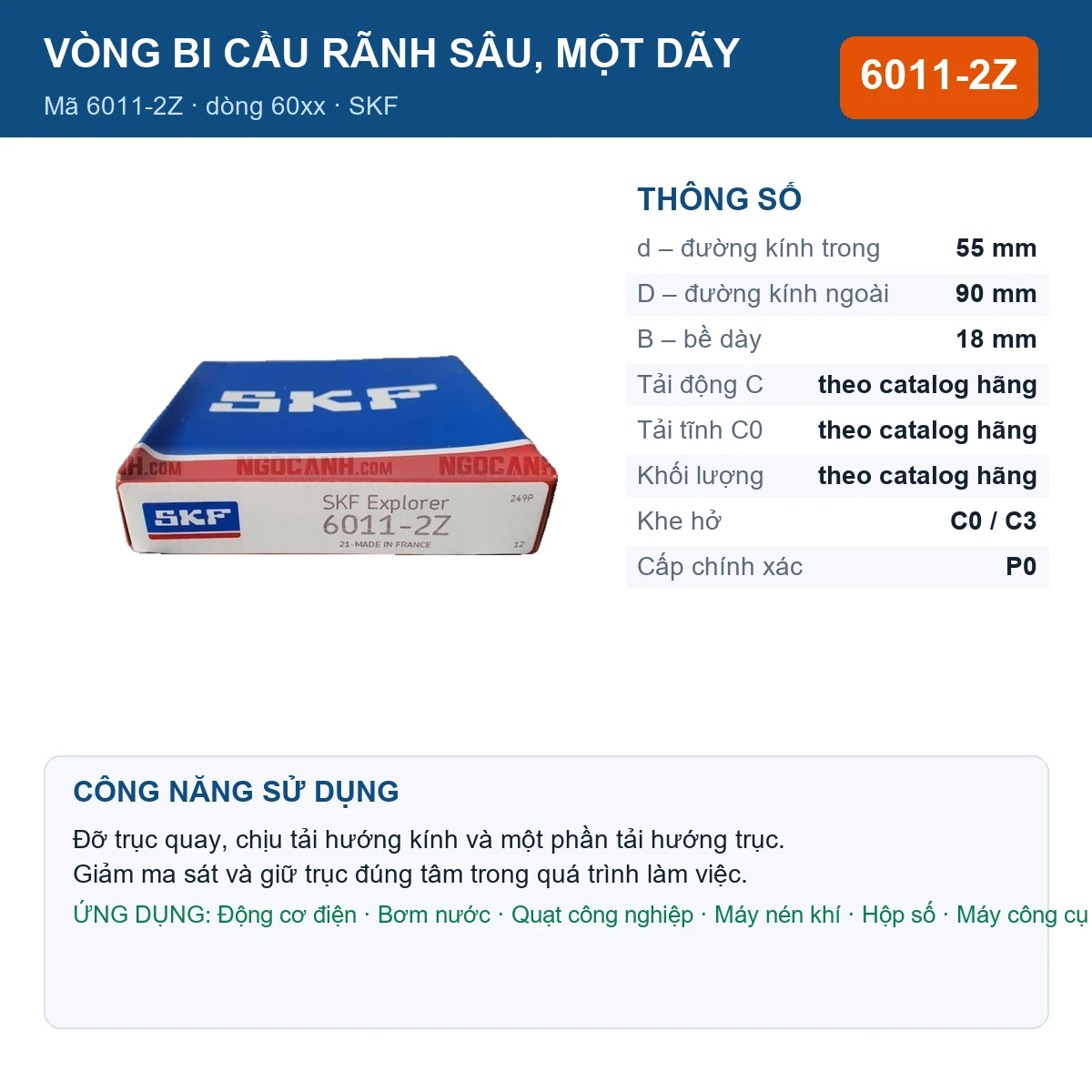 Vòng bi SKF 6011-2Z — kích thước 55x90x18mm