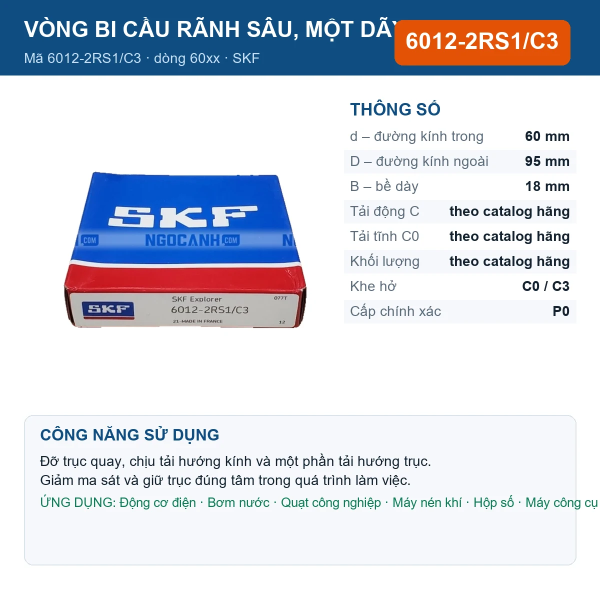 Vòng bi SKF 6012-2RS1/C3 — kích thước 60x95x18mm