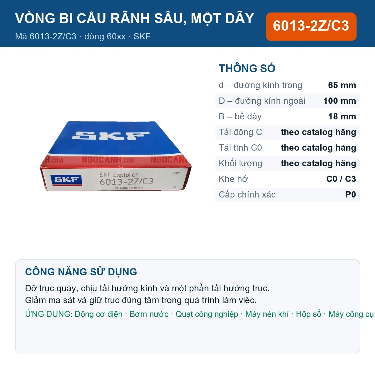 Vòng bi SKF 6013-2Z/C3 — kích thước 65x100x18mm