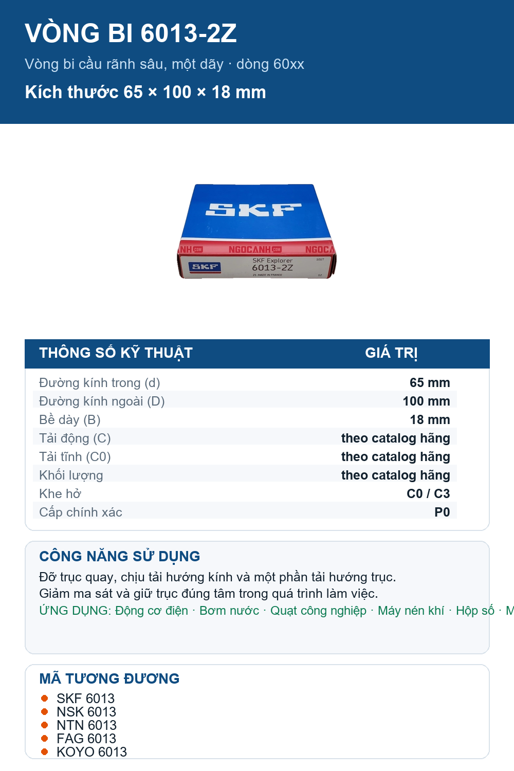 Vòng bi SKF 6013-2Z 65x100x18mm — Ảnh thông số (Pinterest)