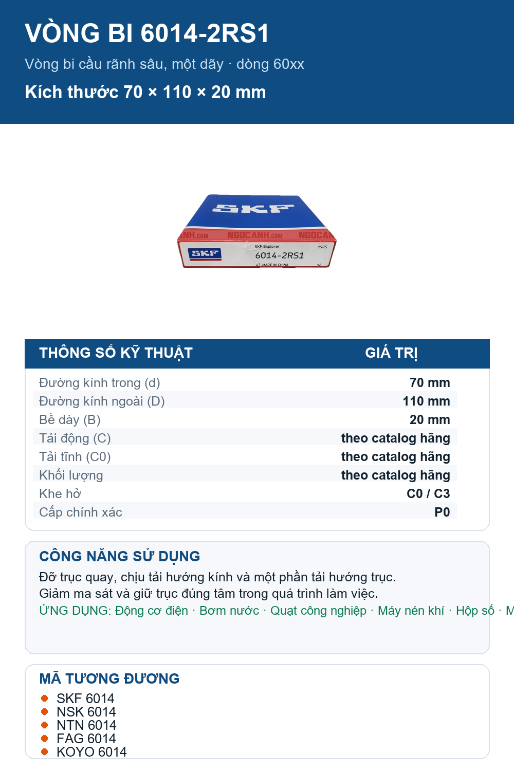 Vòng bi SKF 6014-2RS1 70x110x20mm — Ảnh thông số (Pinterest)