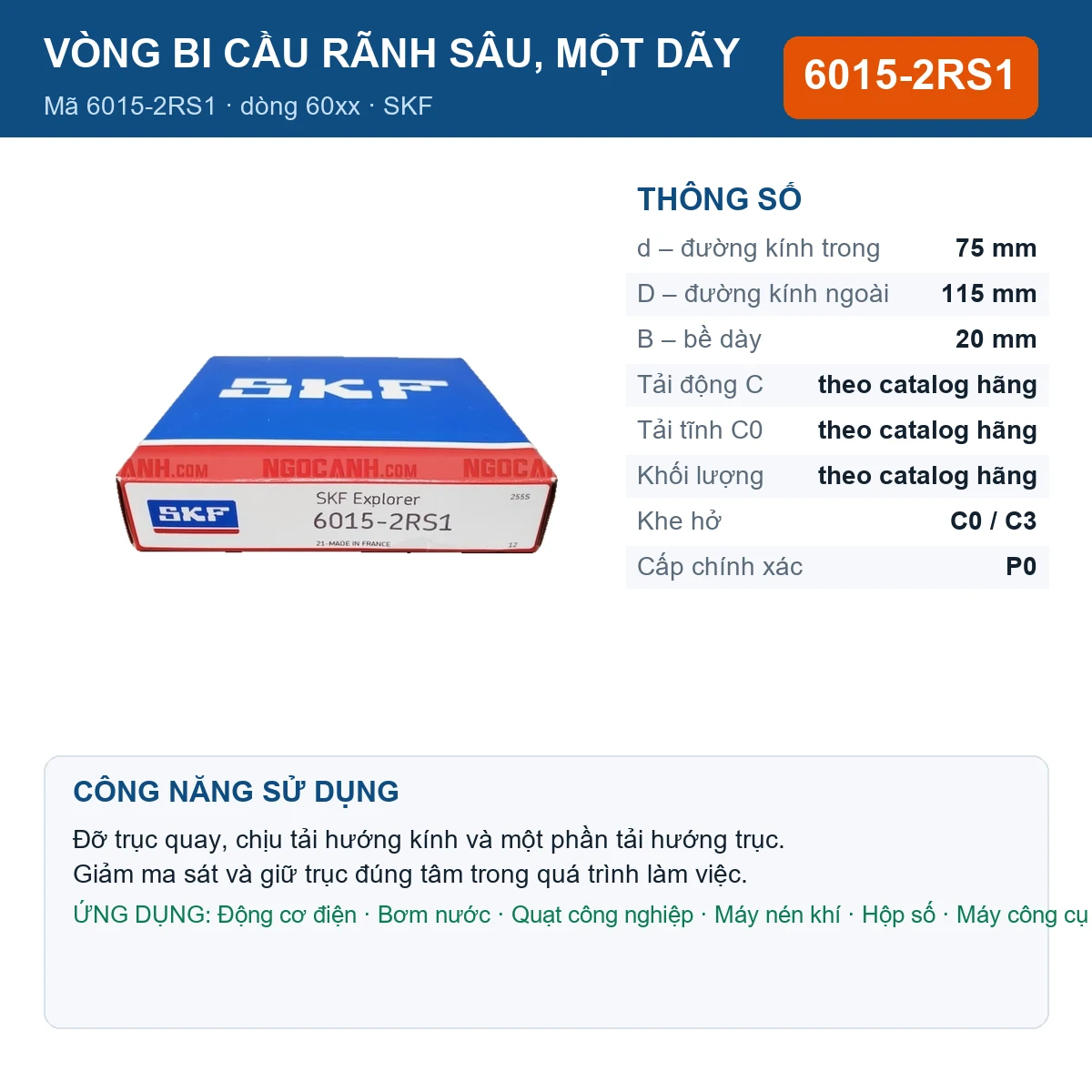 Vòng bi SKF 6015-2RS1 — kích thước 75x115x20mm