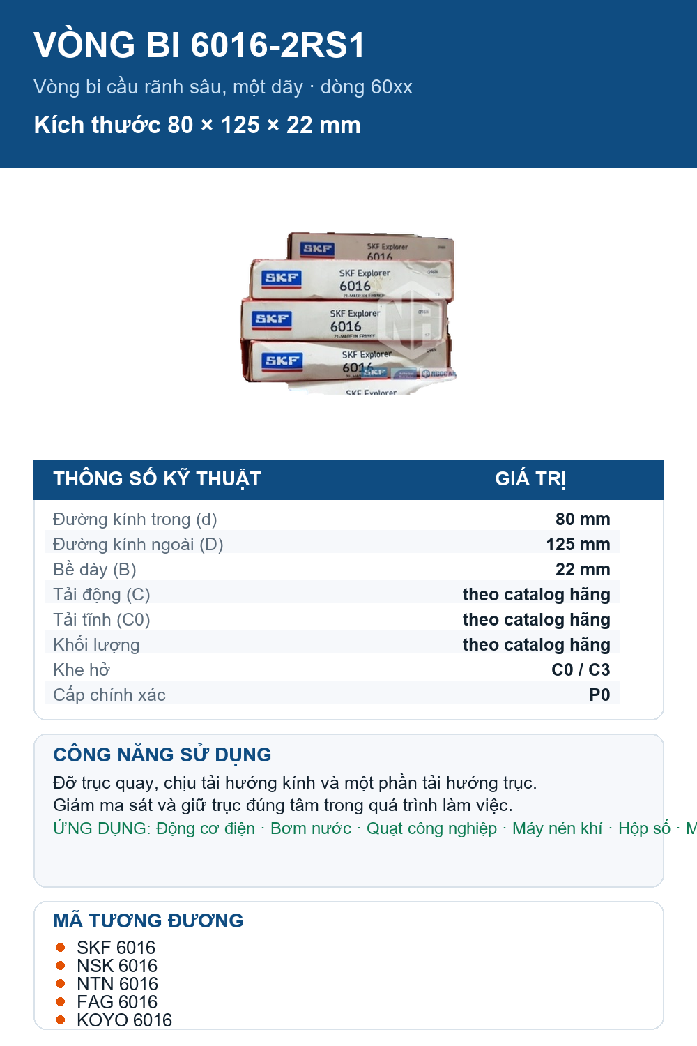 Vòng bi SKF 6016-2RS1 80x125x22mm — Ảnh thông số (Pinterest)