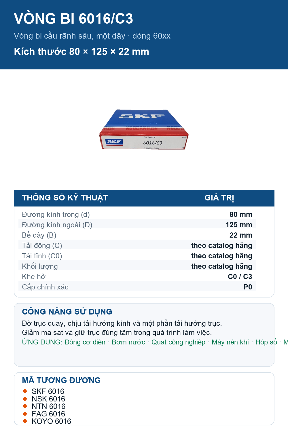 Vòng bi SKF 6016/C3 80x125x22mm — Ảnh thông số (Pinterest)