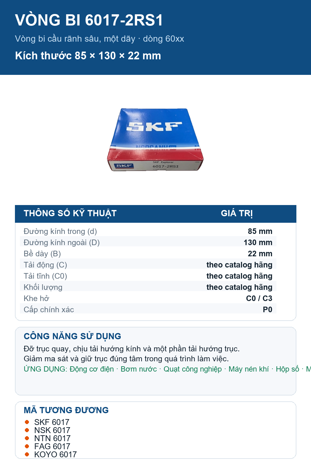 Vòng bi SKF 6017-2RS1 85x130x22mm — Ảnh thông số (Pinterest)