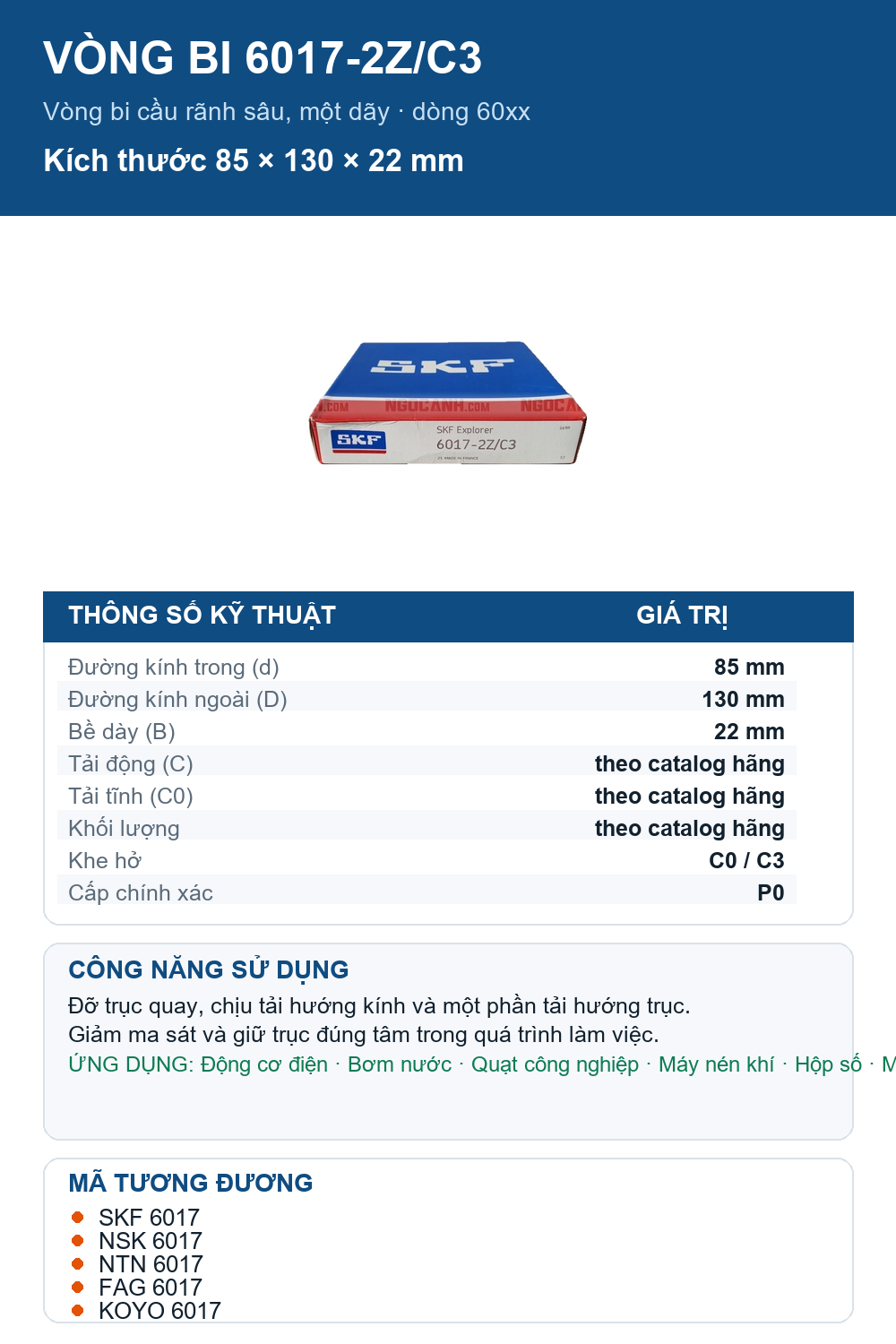 Vòng bi SKF 6017-2Z/C3 85x130x22mm — Ảnh thông số (Pinterest)