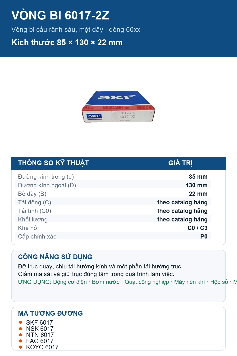 Vòng bi SKF 6017-2Z 85x130x22mm — Ảnh thông số (Pinterest)