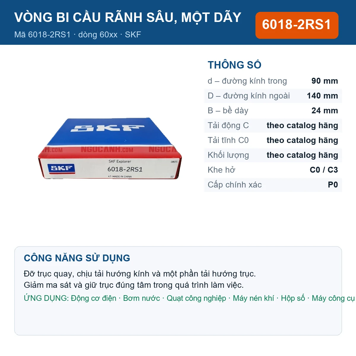 Vòng bi SKF 6018-2RS1 — kích thước 90x140x24mm