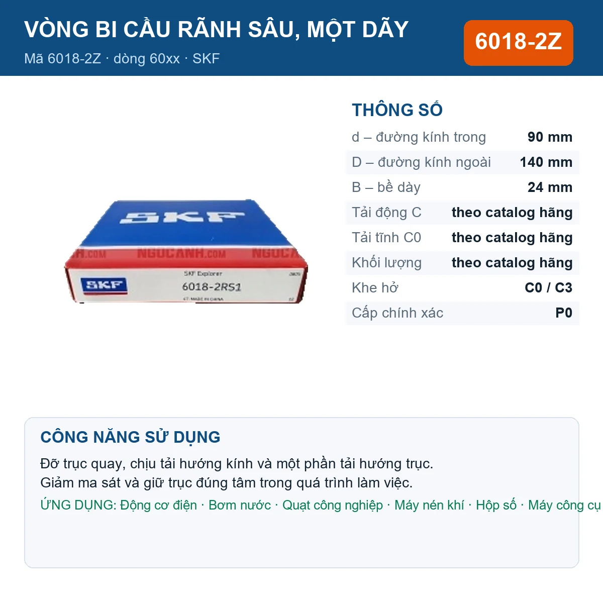 Vòng bi SKF 6018-2Z — kích thước 90x140x24mm