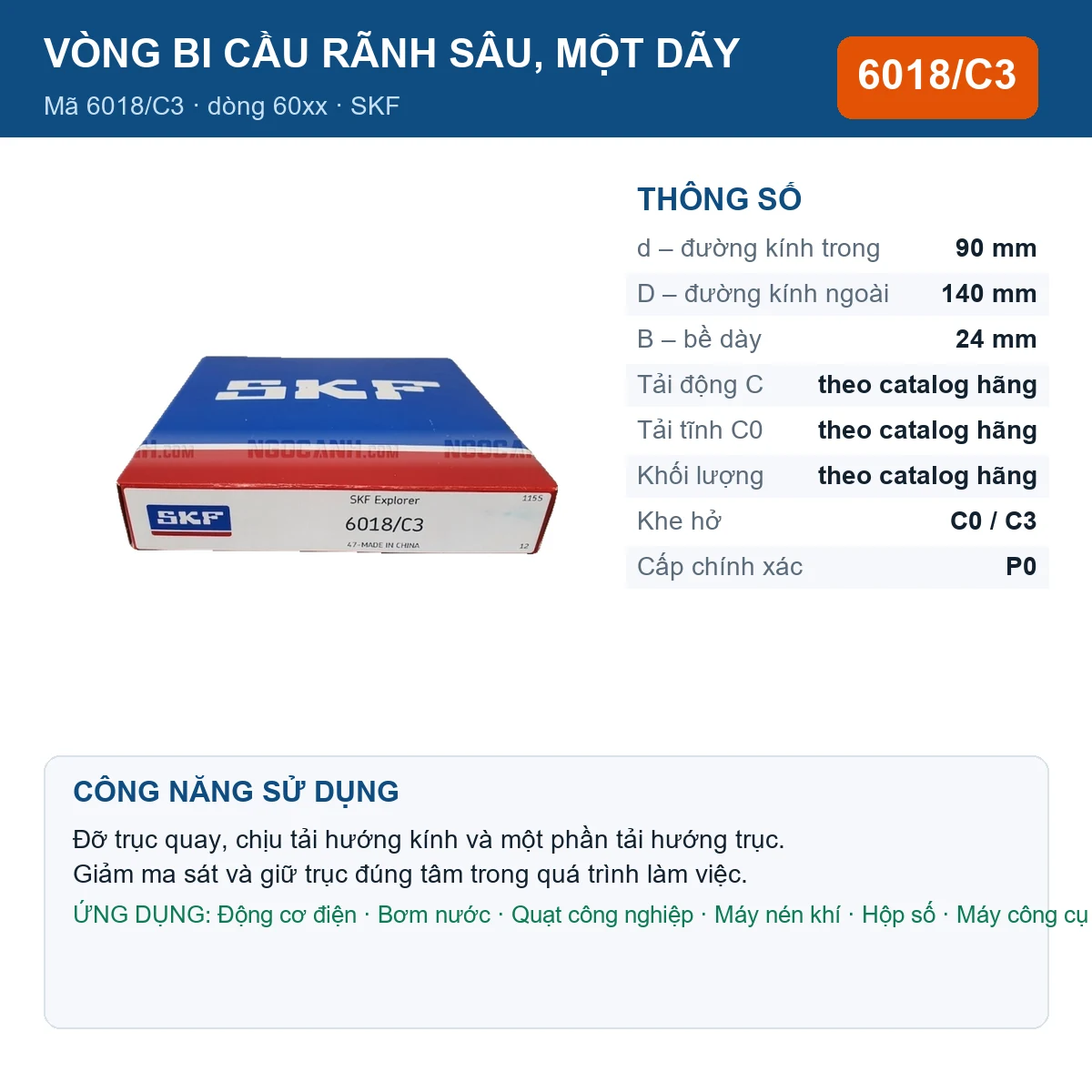 Vòng bi SKF 6018/C3 — kích thước 90x140x24mm