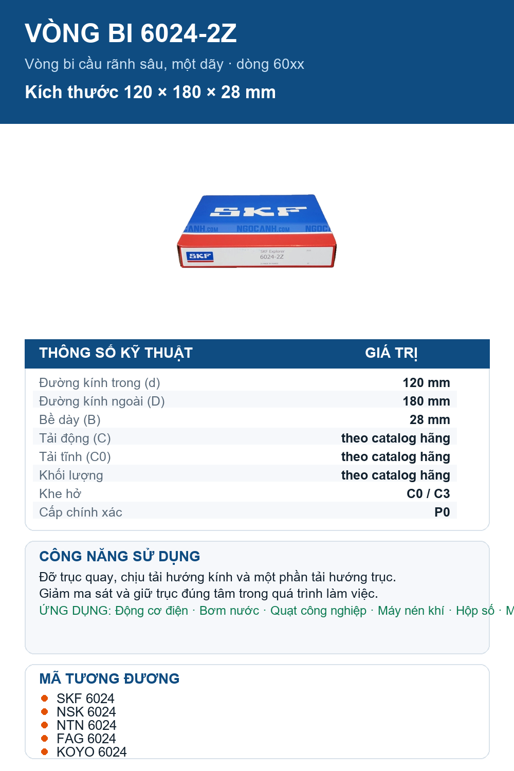 Vòng bi SKF 6024-2Z 120x180x28mm — Ảnh thông số (Pinterest)