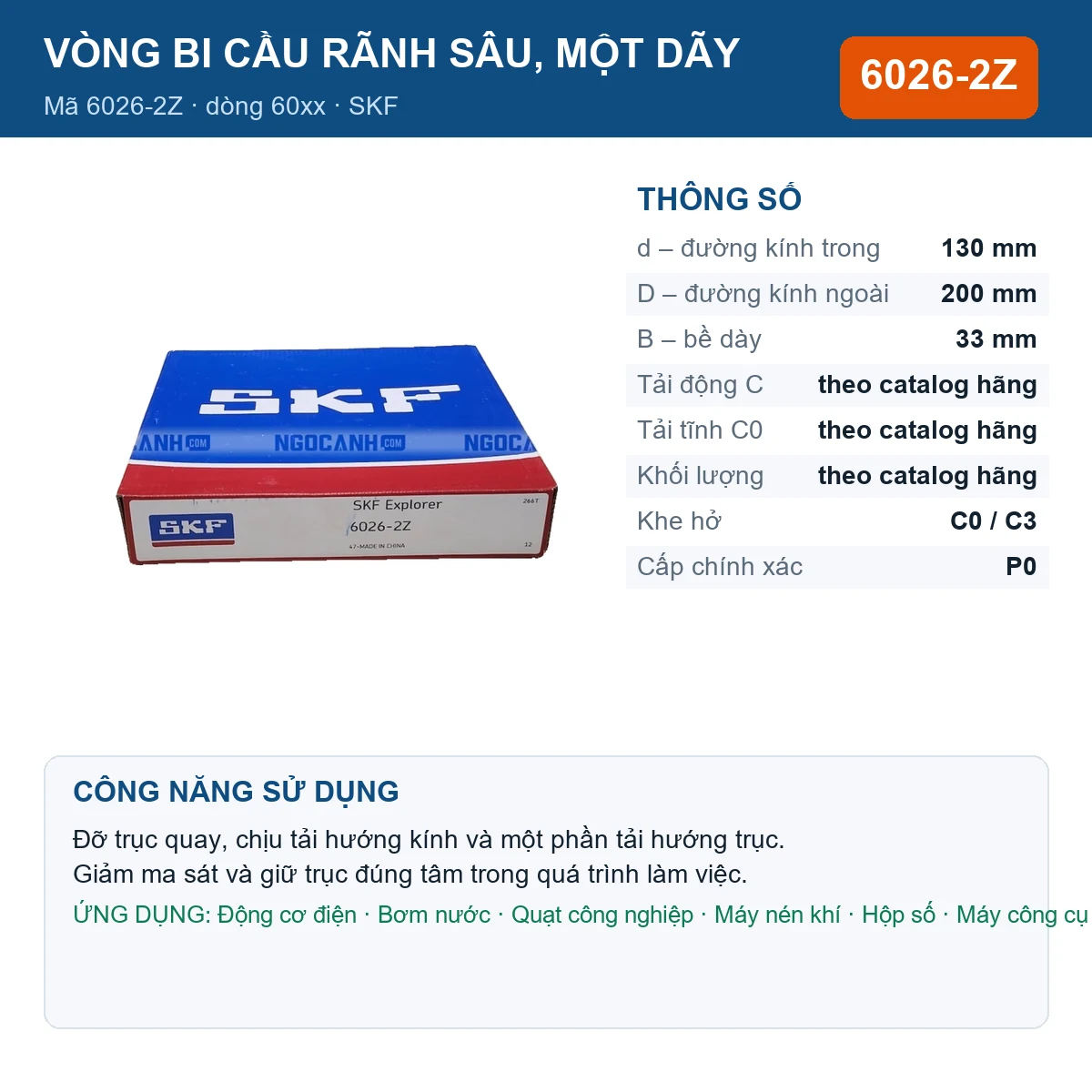 Vòng bi SKF 6026-2Z — kích thước 130x200x33mm