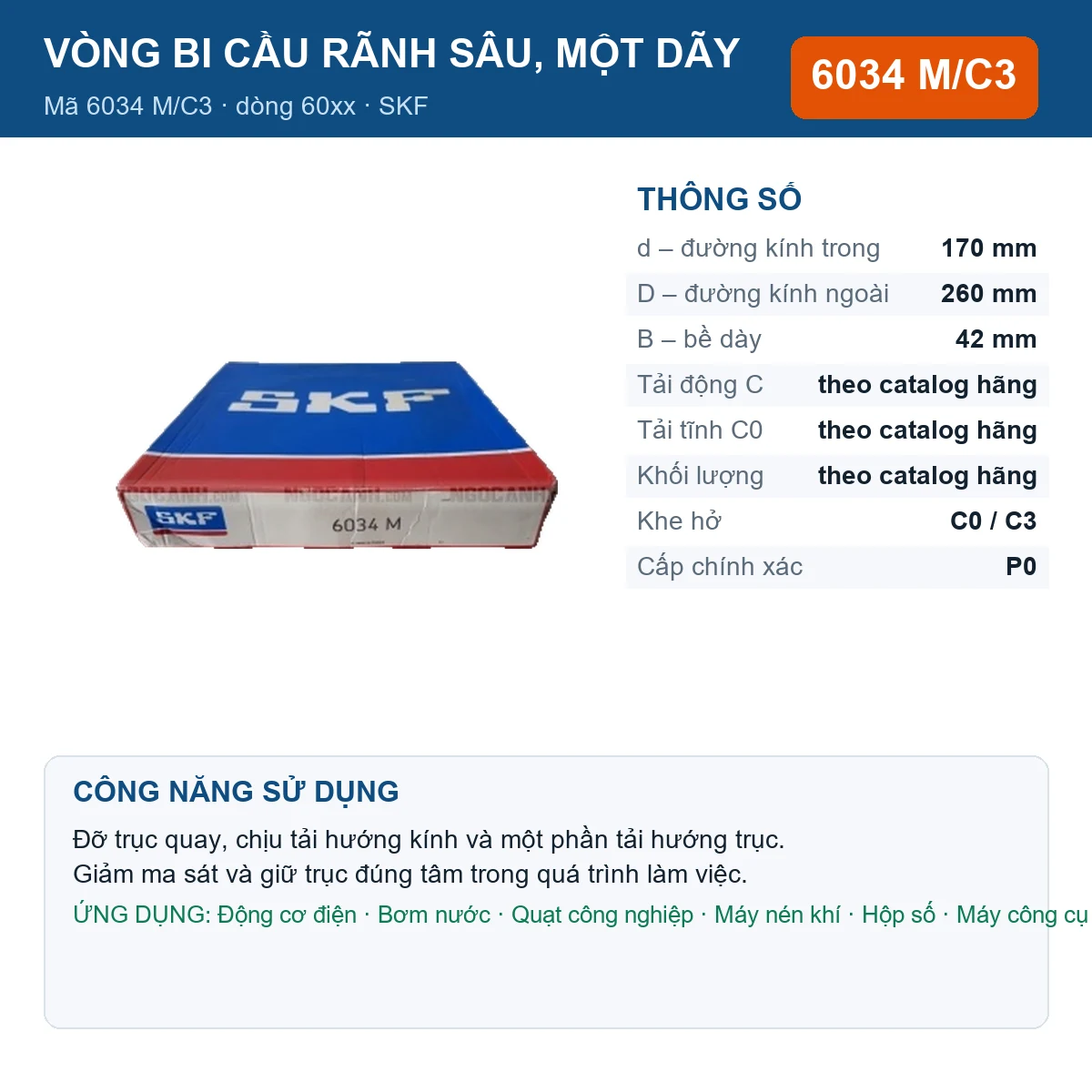 Vòng bi SKF 6034 M/C3 — kích thước 170x260x42mm