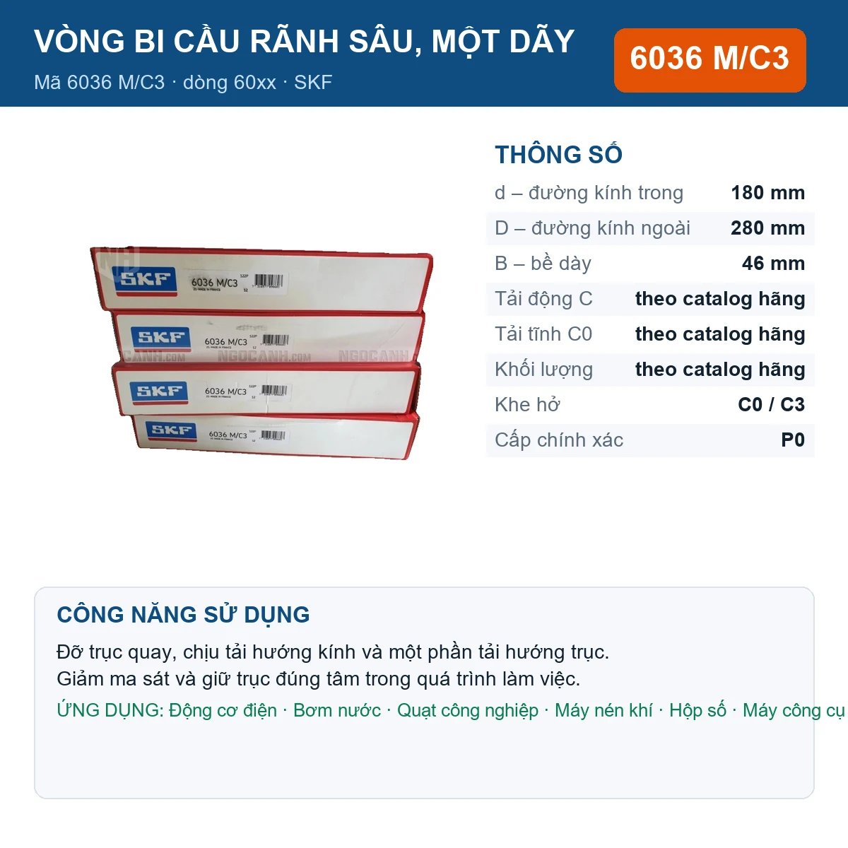 Vòng bi SKF 6036 M/C3 — kích thước 180x280x46mm