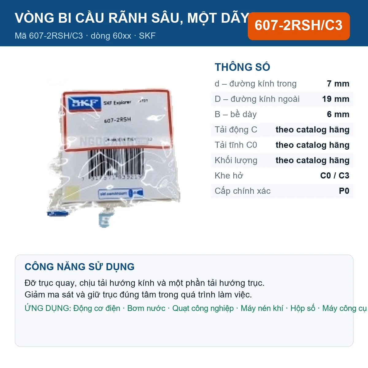 Vòng bi SKF 607-2RSH/C3 — kích thước 7x19x6mm