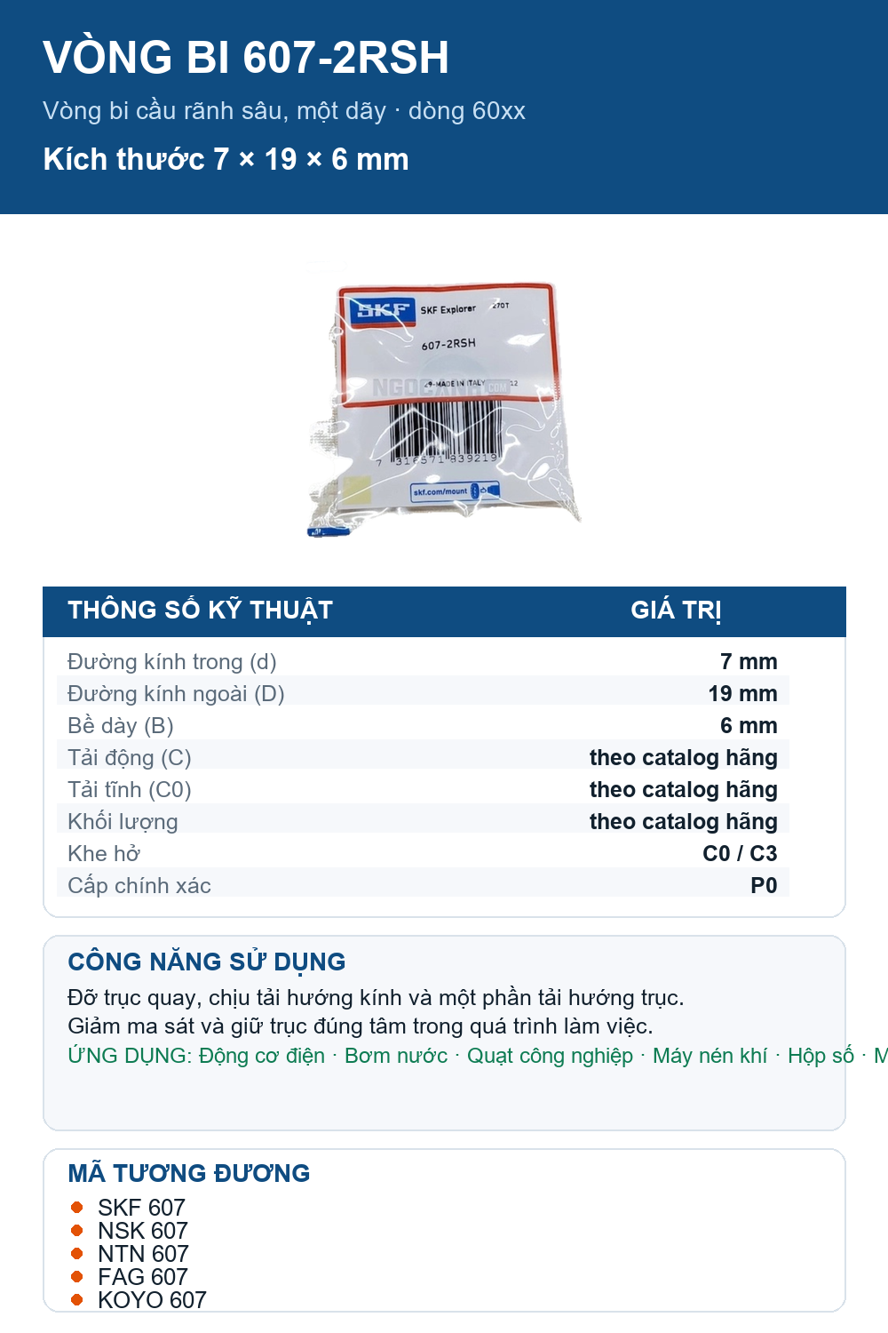 Vòng bi SKF 607-2RSH 7x19x6mm — Ảnh thông số (Pinterest)
