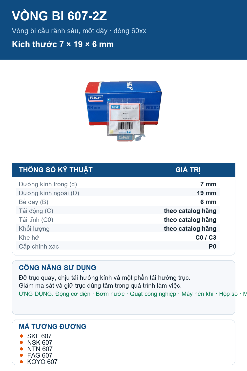 Vòng bi SKF 607-2Z 7x19x6mm — Ảnh thông số (Pinterest)